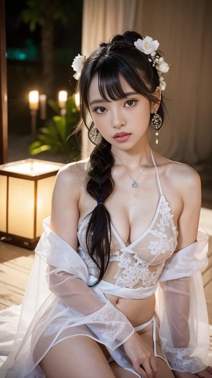 ((NSFW)), best quality, masterpiece, highres, 1girl, small round breasts, china hanfu, Earrings, (((Trendy hairstyles))), hair ornament, necklace, jewelry, Beautiful face, tyndall effect, photorealistic, dark studio, rim lighting, two tone lighting, (high ...