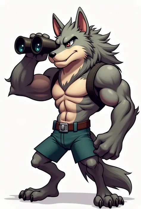 Make a furry muscular wolf looking through binoculars straight ahead, stylized as if it were a cartoon 