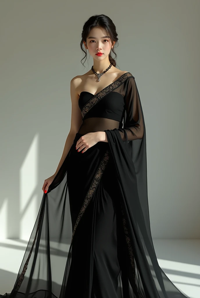 A korean girl wear black saree age 25 and her stomach seen