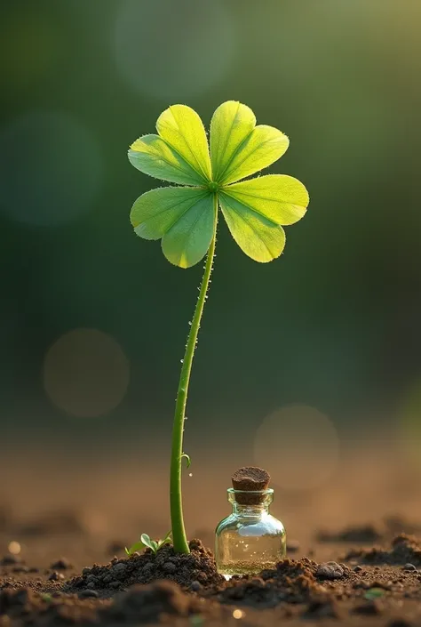 A long-stemmed four-leaf clover，There are four leaves，Only one bottle，There are drops of water from morning dew，Number of leaves: 4，Pale green，Growing from the earth-colored ground