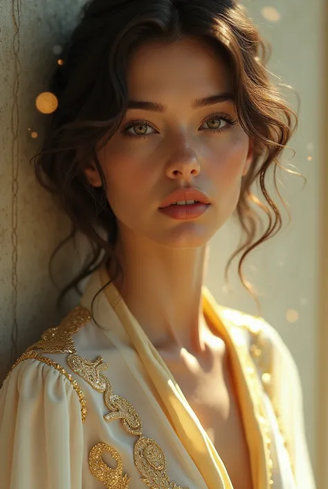 Real photo of a gypsy model wearing gold silk and white silk scarf, Molecular Energy,  Texture, Stunning beauty, Pure perfection, memorable, touching, Stunning beauty, ., Ultra HD, Realist, Bright colors, Very detailed, Ultra HD设计, pen and ink, Perfect com...