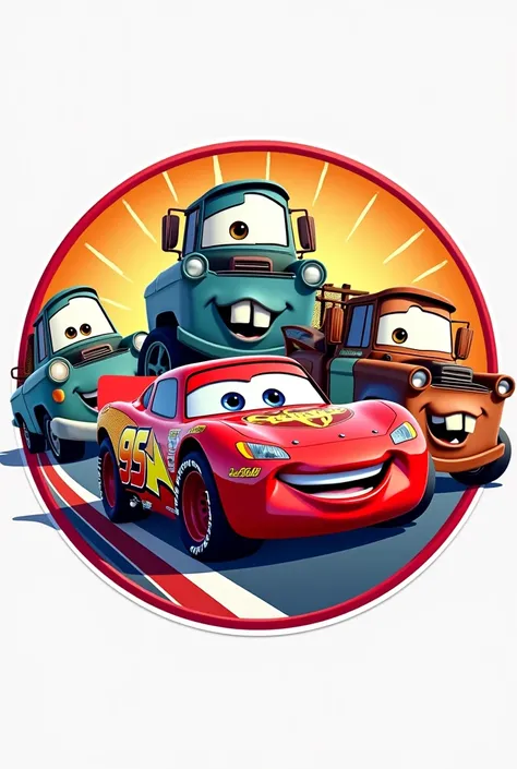 MAKE A CIRCLE-SHAPED IMAGE FOR A LOGO WITH THE FOLLOWING CARS CHARACTERS:  DOC HUTSON, JACKSON STORM, SALLY, THE RAY MAQUEN AND MATE ANIMATED STYLE