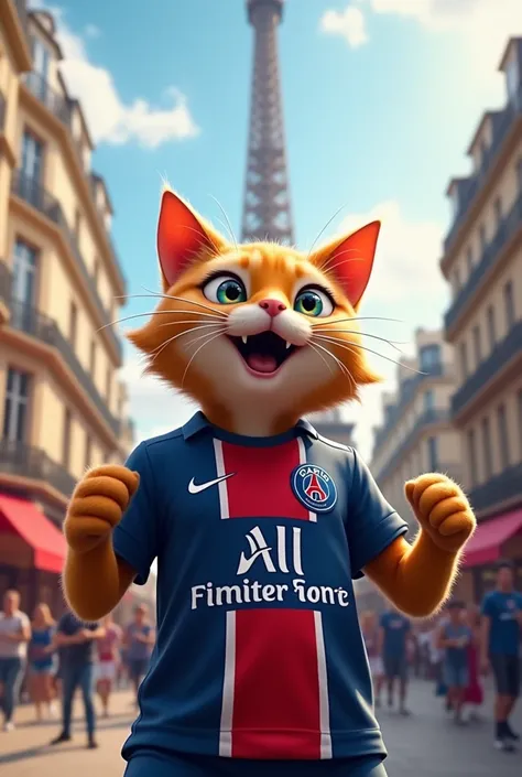 Create an image of a humanoid cat dressed as a PSG football team fan in Paris