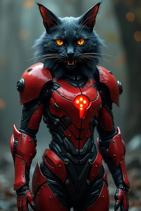 A cat with black feather and red  iron suit with red light and mouth open with big canine teeth 