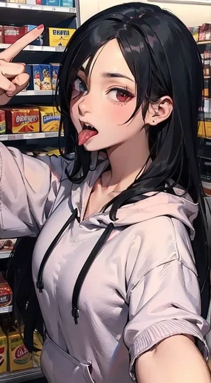 score_9, score_8_superior, score_7_superior, sauce_anime, masterpiece, Absurd, Inside the store, (Selfie:1.2), One girl, One-eyed Cyclops Girl, Very long tongue, Sharp teeth, blue scaly skin, Red Eye, Black Hair, Very long hair, Pink hoodie, Victory Finger...