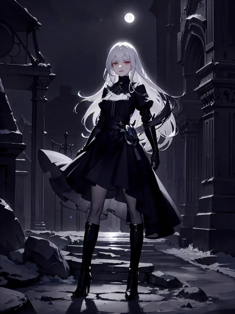 A 20-year-old girl with long silver hair down to her waist, red eyes, and a serious expression. She wears a black dress and tall black boots. Her skin is pale, and her lips are red. She exudes a dark aura. A shadowy monster lurks behind her. She stands in ...