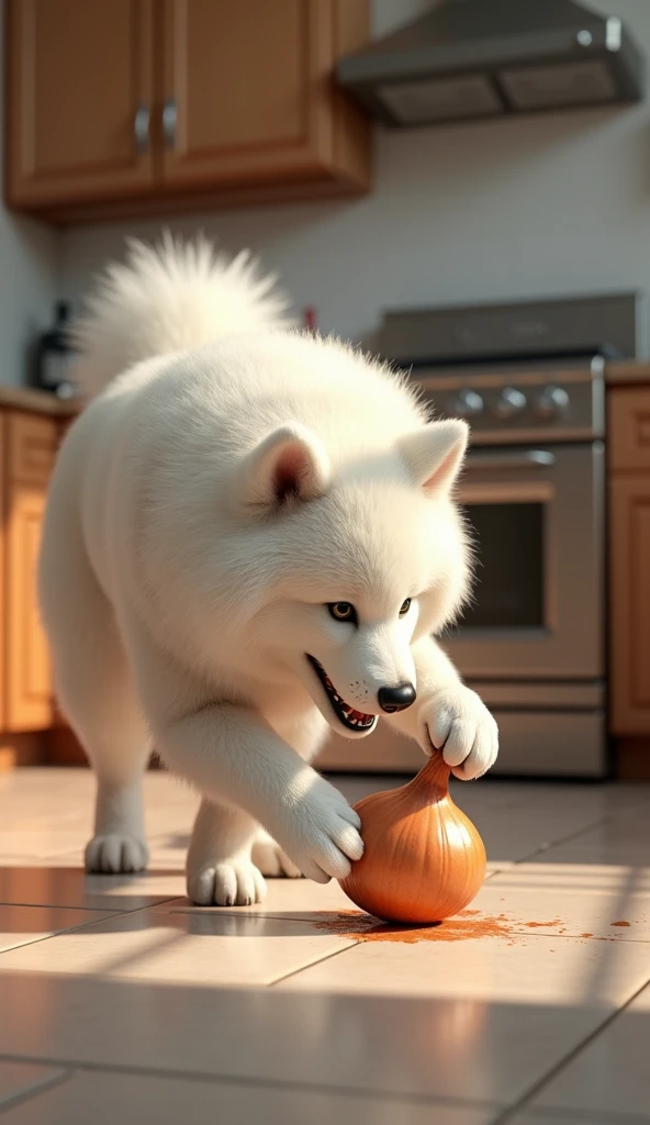 3d、Ultra HD、Side view、There is a shadow、Photorealistic、Samoyed eating onion、kitchen