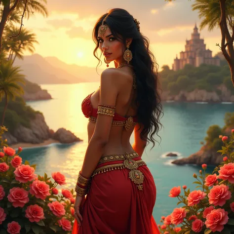 Sexy indian queen with lots of jwellery and no clothes, big breast, big ass, shaped body, surrounded by flowers, sunset with mountains and castles nearby standing on the seashore