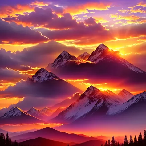 Vibrant sunset, dramatic clouds, radiant orange and yellow hues, sun rays piercing the sky, silhouetted mountains, serene atmosphere, soft gradient from deep purple to warm orange, natural scenery, outdoor, balanced lighting, peaceful and majestic.