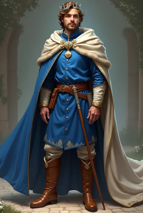 Prince Oliver wears a royal blue tunic, adorned with subtle gold embroidery along the edges and a small royal crest on his chest. Over his tunic, he wears a light, practical cape that flows behind him, fastened with a simple clasp. His outfit is elegant bu...