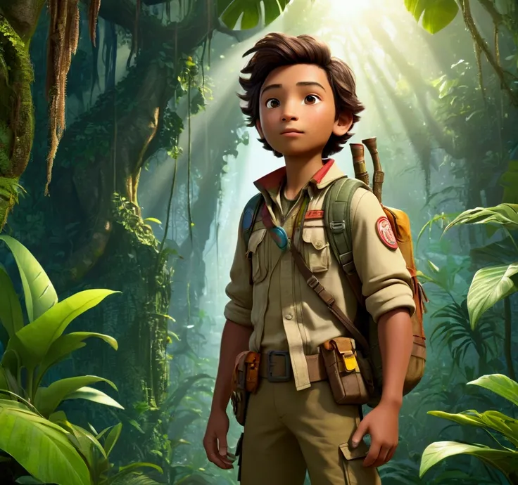 Create a 3D animated image of a young explorer named Kai standing at the edge of a dense jungle. The jungle is vibrant and lush, with sunlight filtering through the thick canopy. Kai is dressed in rugged explorer attire, holding a weathered map. The enviro...