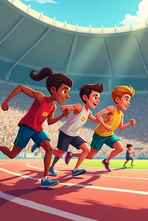 Relay race cartoon where the first runner starts the race and then in second picture he passes it to the next person and in the following picture the next person passes it kt the last person and in the next picture the last person finishes the race. Create...