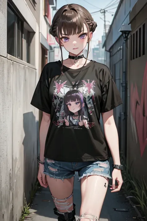 ((nice with you)), short hair, Braided hair, Brown Hair, Purple eyes, bangs, woman, alone, punk, Band T-Shirts, Distressed denim, chain, Studs, boots, Street, Hard makeup、Background of the cityscape、Graffiti wall