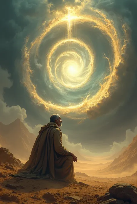 A powerful and majestic whirlpool in the desert, with divine light emanating from the center. The sky is dramatic, with dark clouds and golden rays of light that illuminate the swirl. A middle-aged man wearing rags is kneeling in dust and ashes, with an ex...