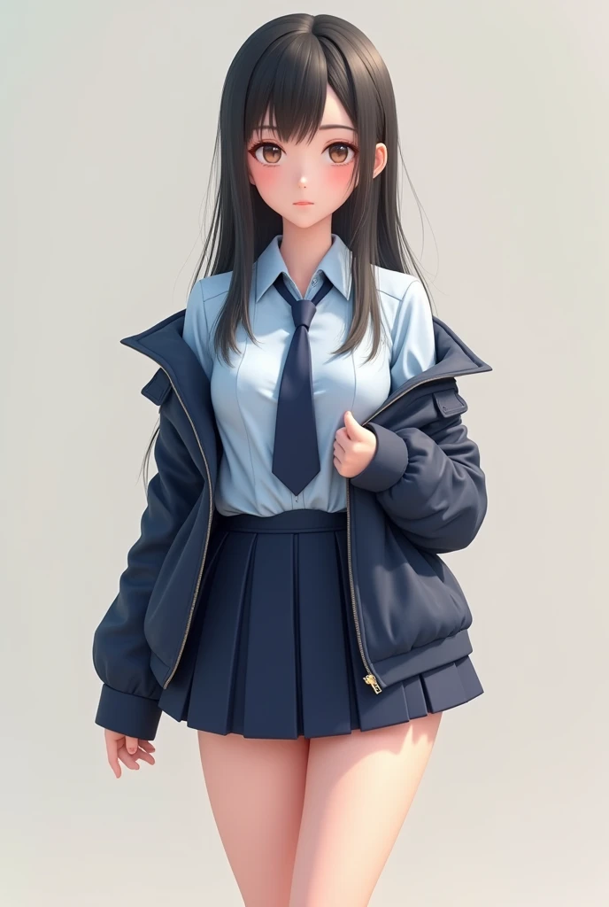 Japanese Girls, Teenage Girl, Perfect figure, Transparency, Modest chest,school uniform, Navy blue tie, Navy Blue Skirt, Light blue shirt, Idol Sculpture, Her jacket is rolled up to reveal her cute pink underwear.