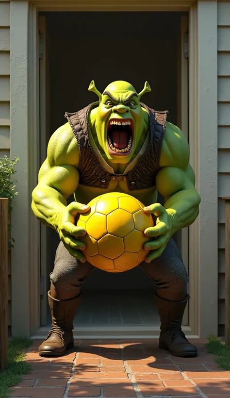 the entrance of the door of a house a man standing at the door the man is super strong he has giant muscles, breaking a yellow soccer ball with his hands, He has a yellow soccer ball between his two strong hands and he is breaking the yellow soccer ball in...