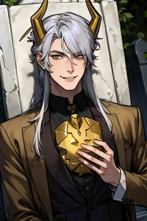 perfect face. perfect hands. a young silver haired man with golden eyes and golden horns in a cool suit is smiling on a tombston...