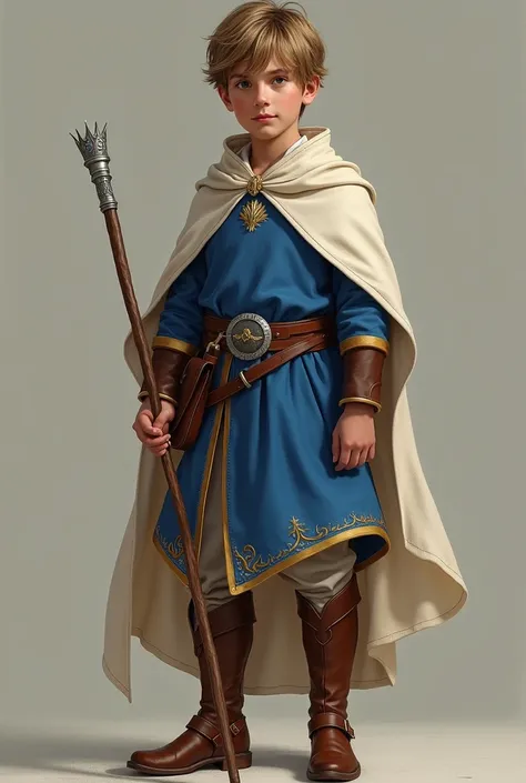 Prince Oliver, a young royal boy, wears a royal blue tunic, adorned with subtle gold embroidery along the edges and a small royal crest on his chest. Over his tunic, he wears a light, practical cape that flows behind him, fastened with a simple clasp. His ...