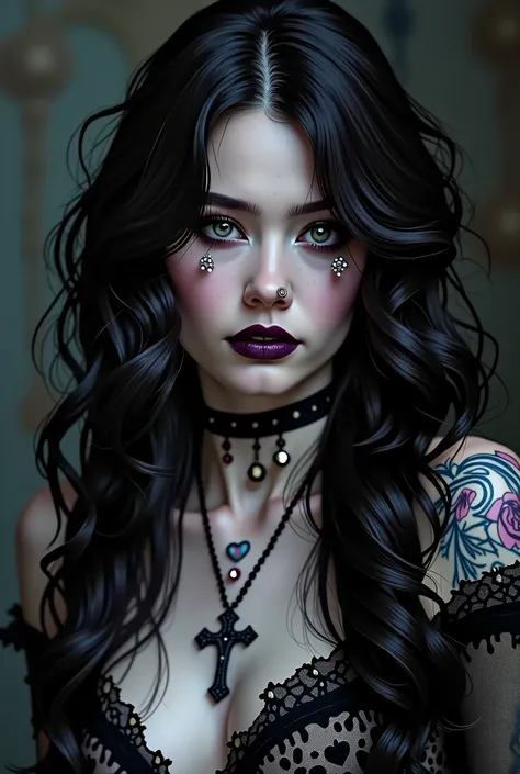 the portrait of a beautiful gothic woman,  with long black wavy hair, purple makeup, purple lips,  intricate tattoos,  piercings, Glasses, rosary shaped necklace,  black mesh crop top