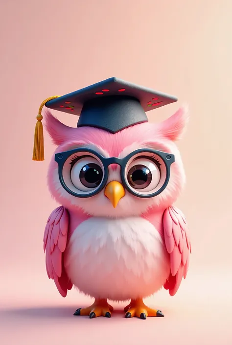 Cute pink owl with glasses and pixar style graduation hat facing front to print