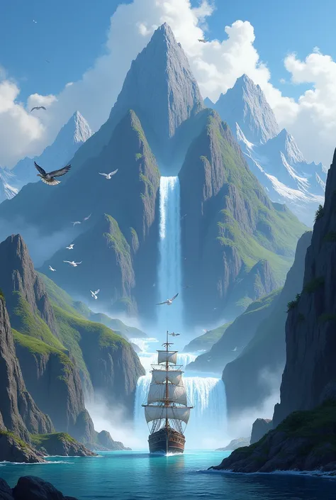 Mountain and middle of mountain having waterfall and also having a ship and flew piegons