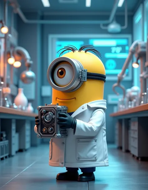 In the lab Minion Kevin wears a scientist suit holding high-tech equipment 
