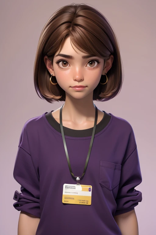 master part, best quality, 1st grade, brown eyes, brown hair, straight hair, short hair, earrings, (long shirt), (purple landyard),(yellow idcard),simple bottom, alone, upper body