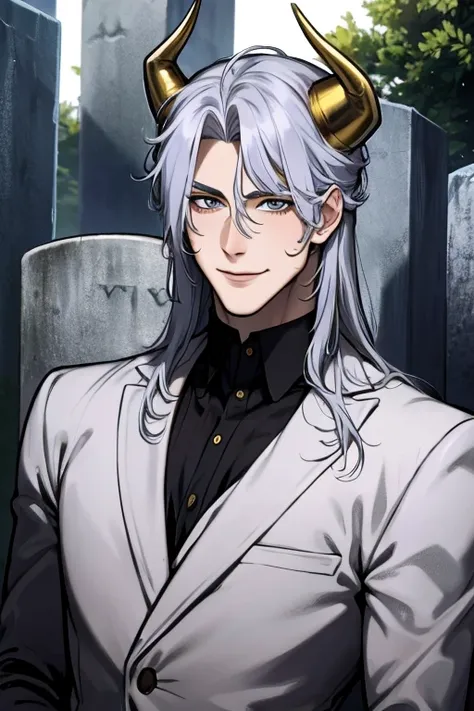 perfect face. perfect hands. a young silver haired man with golden eyes and golden horns in a cool suit is smiling on a tombston...