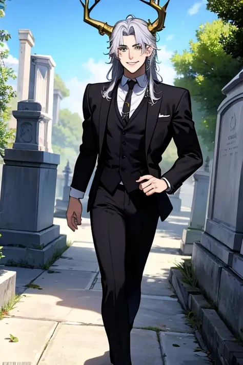 perfect face. perfect hands. a young silver haired man with golden eyes and golden horns in a cool suit is smiling while walking...