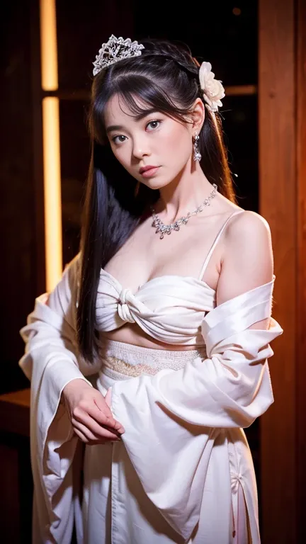 ((NSFW)), best quality, masterpiece, highres, 1girl, small round breasts, china hanfu, Earrings, (((Trendy hairstyles))), hair ornament, necklace, jewelry, Beautiful face, knee to top, tyndall effect, photorealistic, dark studio, rim lighting, two tone lig...