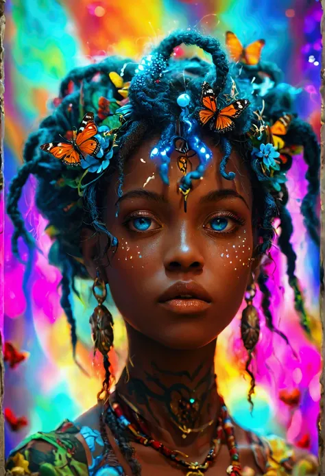 Thrilling dreams， ultra-realistic realism， abstracted， psychedelia, tmasterpiece，PsyAI, Rasta, Jamaica, (Dreadlocks Hair style：2.3 female ) , （Dread Locs Hair style：1.3）,（tmasterpiece，best qualtiy：1.2），illustration，8k wallpaper，Dazzle，（Portals：1.1），（Otherw...