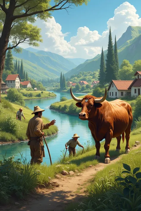 A bull and men farming and a river and a village
