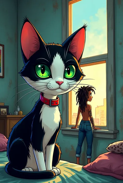 Scene of a slum bedroom with a black and white cat with dark green eyes wearing a red collar. A dreadlocked LGBT woman with a tattooed arm looking out this window. I want this image in a more cartoonish drawing format.