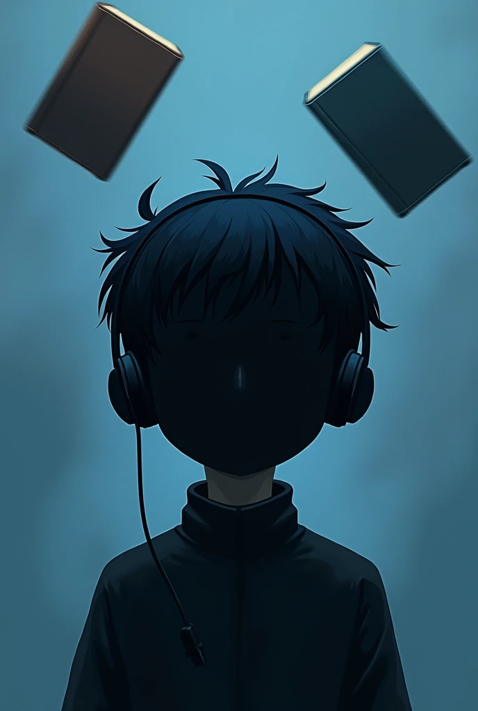 Boy,black head,faceless,wear headphones,There are two books floating behind.,dark blue hair,front view,no sleeve