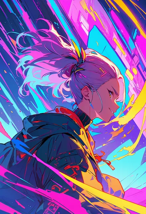 (best quality), (ultrafein), (​masterpiece), Illustration, ((a girl)), cyberpunk, （cyberpunk)，((Streetwear-Costume)), (moving towards the viewer, looks sideways, high angle view), wolf-haircut, Hair Accessories, bright colours, smiles, dynamic lighting，neo...