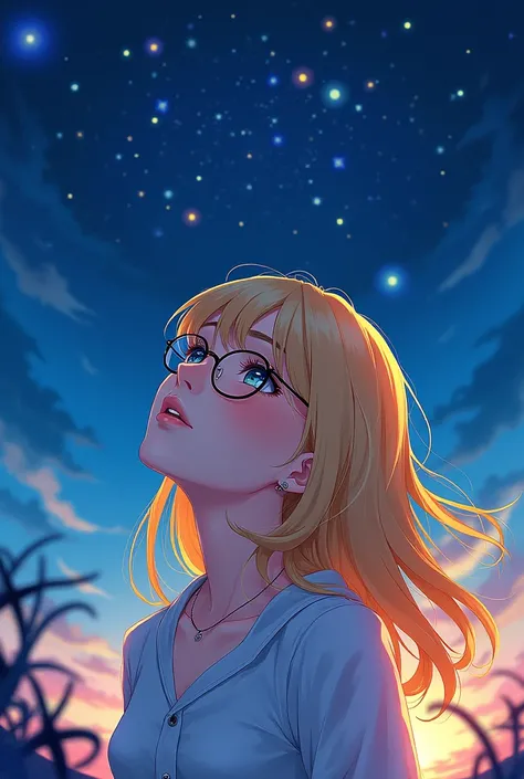 Sea stars look up anime girl blonde long hair with glasses 