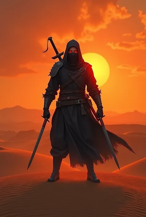 In the middle of orange desert ninja covering mask and wearing shield on back and having swords in both hand reddish orange light on his face 
