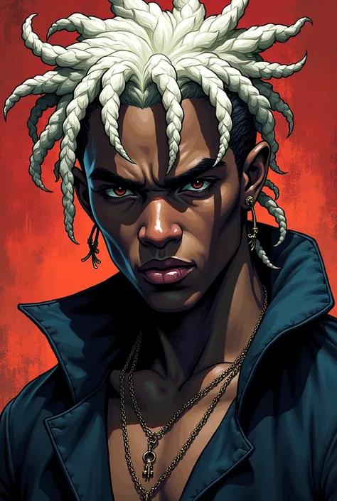 Young man, 1, black, with white dreadlocks, bad boy style, thin, marvel comics panel