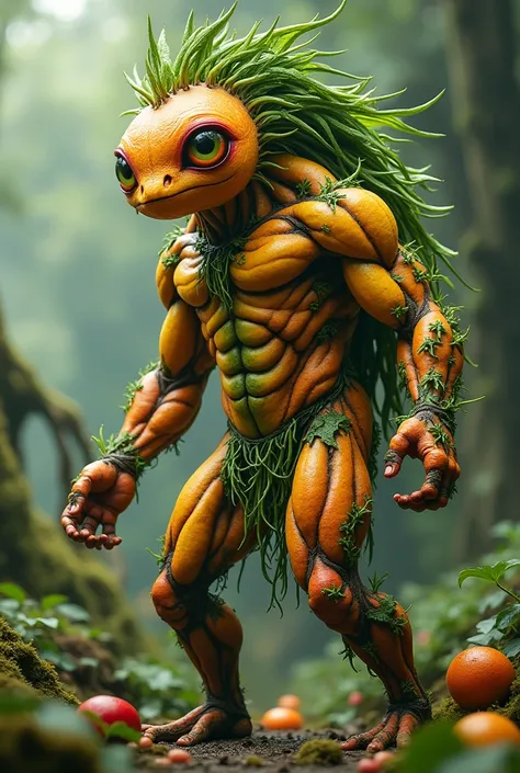 An imaginary creature with a mascular body that appears to be made of different types of vegetables and fruits. Its shape is similar to that of a person, with limbs that resemble trunks of vegetables and fruits. The skin is a combination of vibrant colors,...