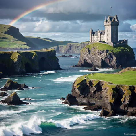 Ireland, beautiful castle, Ocean in Background, Raindbows, 