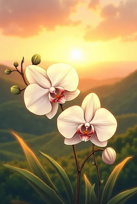 generates an image of a white orchid in a landscape at sunset in the form of a drawing