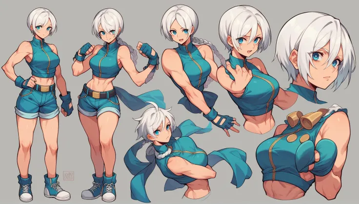 Concept sheet of a young woman in the King of Fighters (KOF) style. She is a karateka with silvery white hair, turquoise blue eyes, and an athletic build. The style is inspired by comics, showing multiple poses and expressions to highlight her character de...