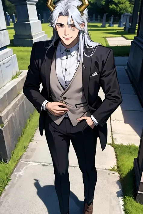 Perfect face. Perfect hands. A young silver haired man with golden eyes and golden horns in a cool suit is smiling while walking in a cemetery