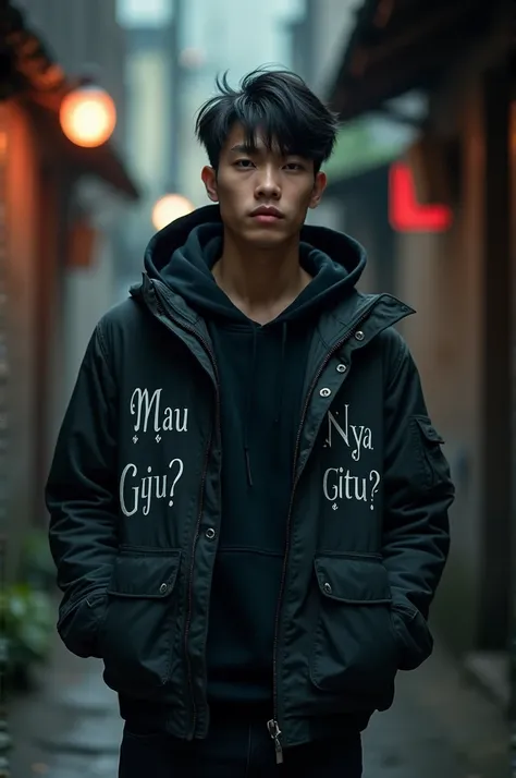 Professional photography of a full body elegant Asian man with body charm, mysterious aura, trendy black short taper hair, wearing a parka jacket with intricate sablon text ((Mau nya gitu?))  in a cosplay style, ultra-realistic rendering, masterpiece quali...