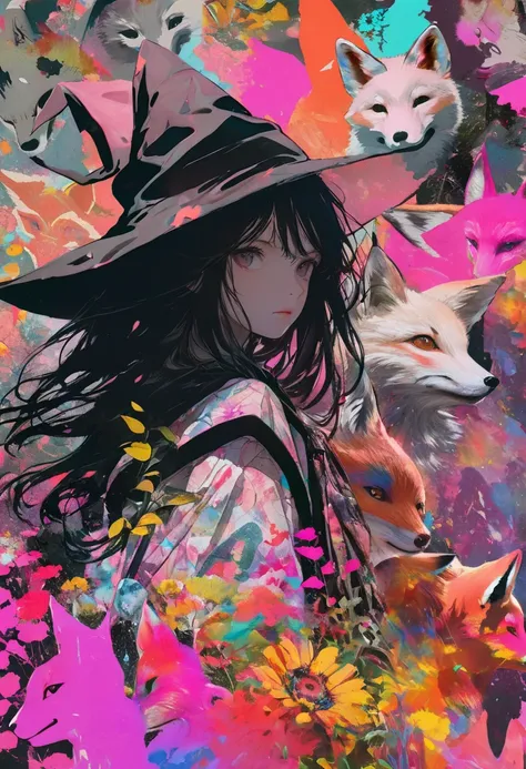 (masterpiece, best quality),(multiple exposure silhouette: 1.2),
print collage depicting,teen girl(fox ear),cute,she is surrounded by foxes,detailed face,wearing battle dress,witch,splash color, collage art, contemporary artistic collage,