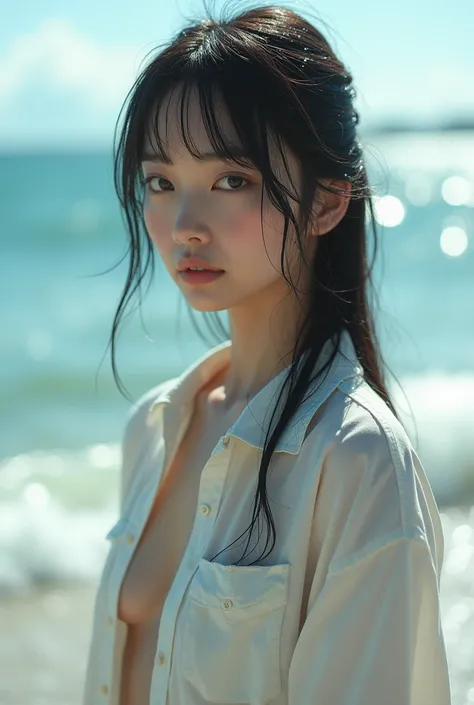 Japanese women、Best image quality, masterpiece, Ultra-high resolution, (Faithfulness :1.4), photograph, 1 girl,[(sorrow)],White shirt, Ocean, Active, Cinematic,Break,Breakdrop,(Torn clothes:1.5), (Wet clothes:1.4), Exposing shoulders,sunny,Wet Hair,.Beach