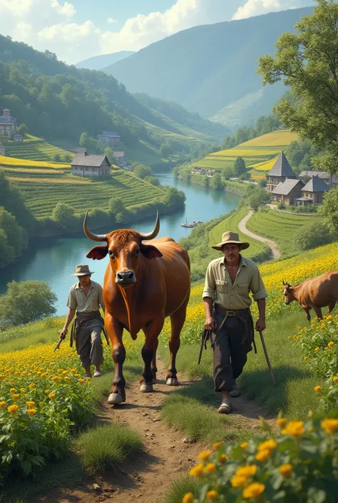 A 2/3 bull and men, farmers are farming and a river and a village realistic 
