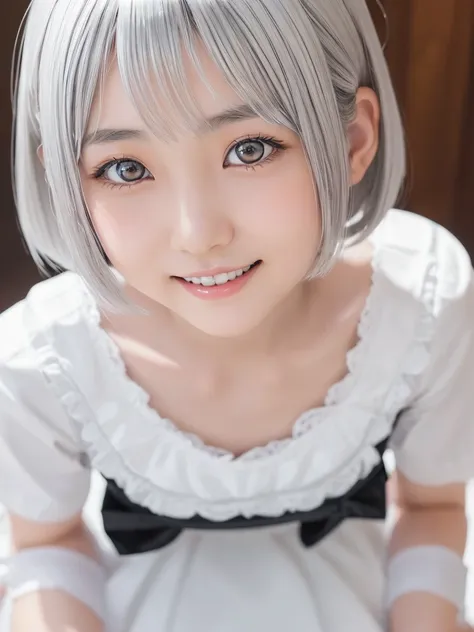 (Young and beautiful Japanese girl with platinum silver short hair:1.25),Ultra detailed eyes,big, clear eyes,(Droopy eyes:1.0),Cute eyes,A balanced perspective,Ultra detailed face,A kind smile,(She wears a black and white maid cafe uniform.:1.0),Highly det...