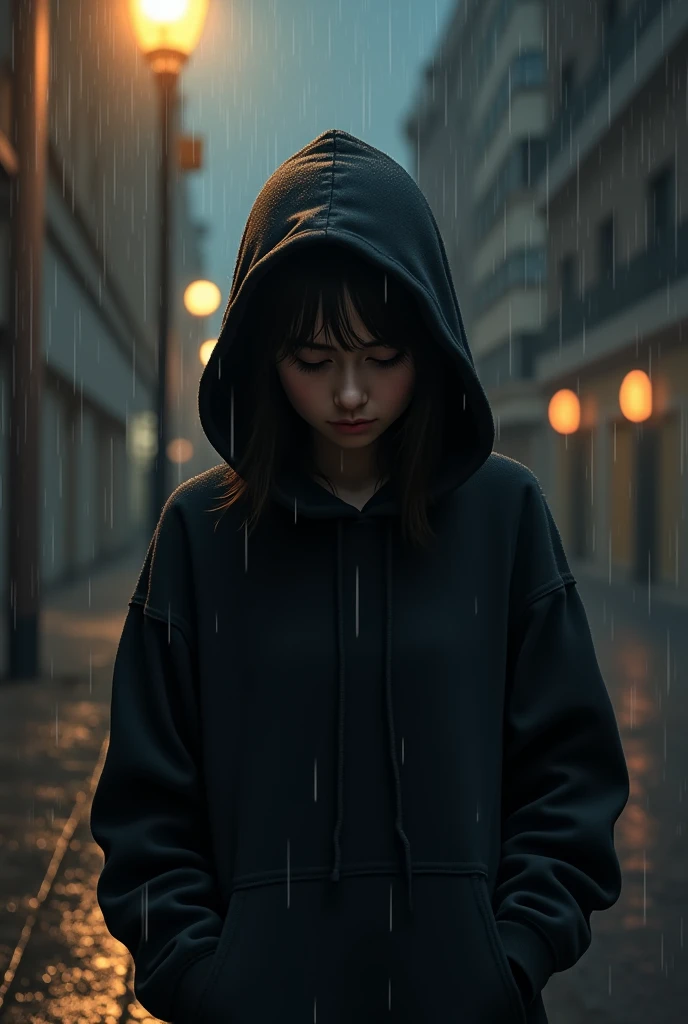 The shy Girl or introvert people who wearing the black hoodie under the raining. She look at the lamp
