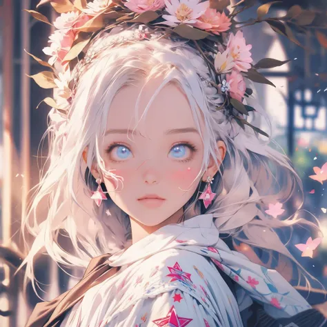 1 ，flowers on head，white hair，Pink eyes，adorable，Decoration in the shape of a five-pointed star，Face portrait, detailed eyes, shiny eyes, pretty girl 